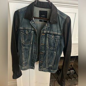 MADEWEEL X VEDA women’s Denim and Leather sleeves Jacket - Blue and Black.